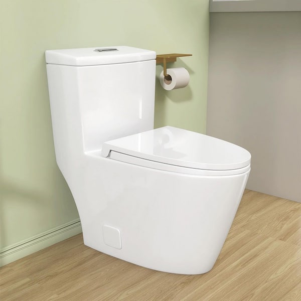 12 in. 1-Piece 1.1/0.8 GPF Dual Flush S-Trap Round Toilet in White with Siphonic Flushing, Soft-Close Seat Included