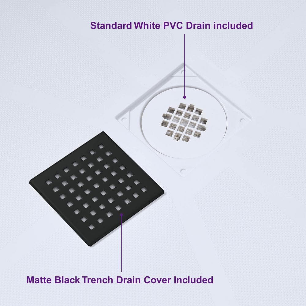 48" White Solid Surface Rectangular Shower Pan with Matte Black Drain Cover
