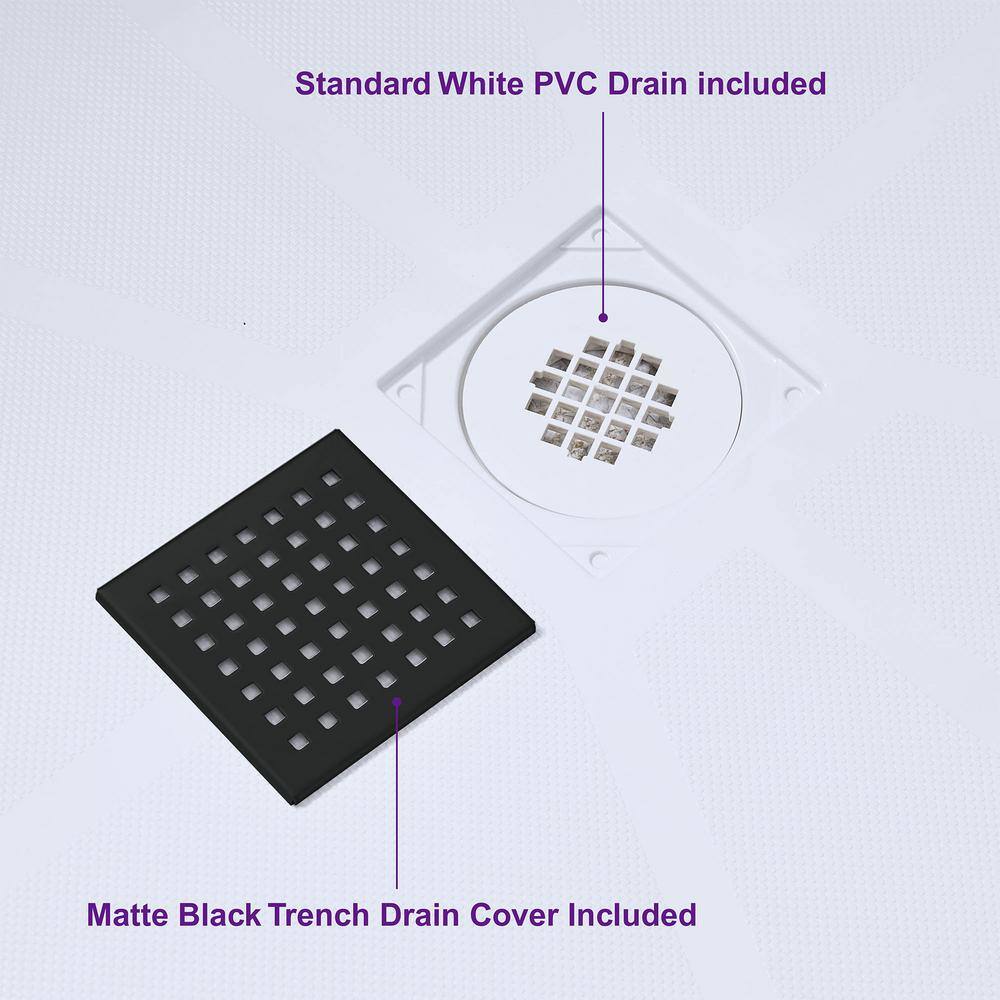 60" White Solid Surface Rectangular Shower Pan with Matte Black Drain Cover