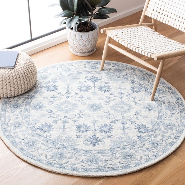 Micro-Loop 5 ft. x 5 ft. Round Blue/Ivory Floral Ornate Area Rug
