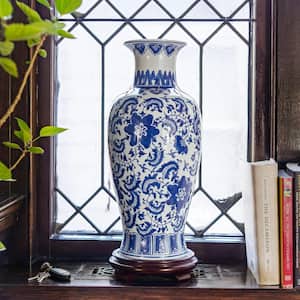 18 in. Blue and White Floral Porcelain Fishtail Decorative Vase