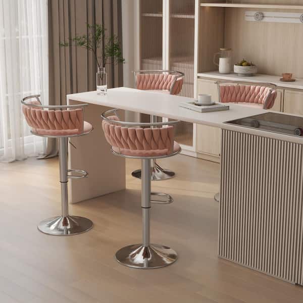 Uixe 38.5 in. Modern Silver Metal Frame Low Back Swivel Adjustable Height Bar Stool with Pink Velvet Seat (set of 4)