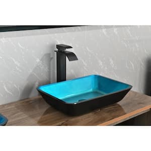 Handmade Countertop Glass Rectangular Vessel Sink in Blue with Single-Handle Faucet and Pop Up Drain in Matte Black