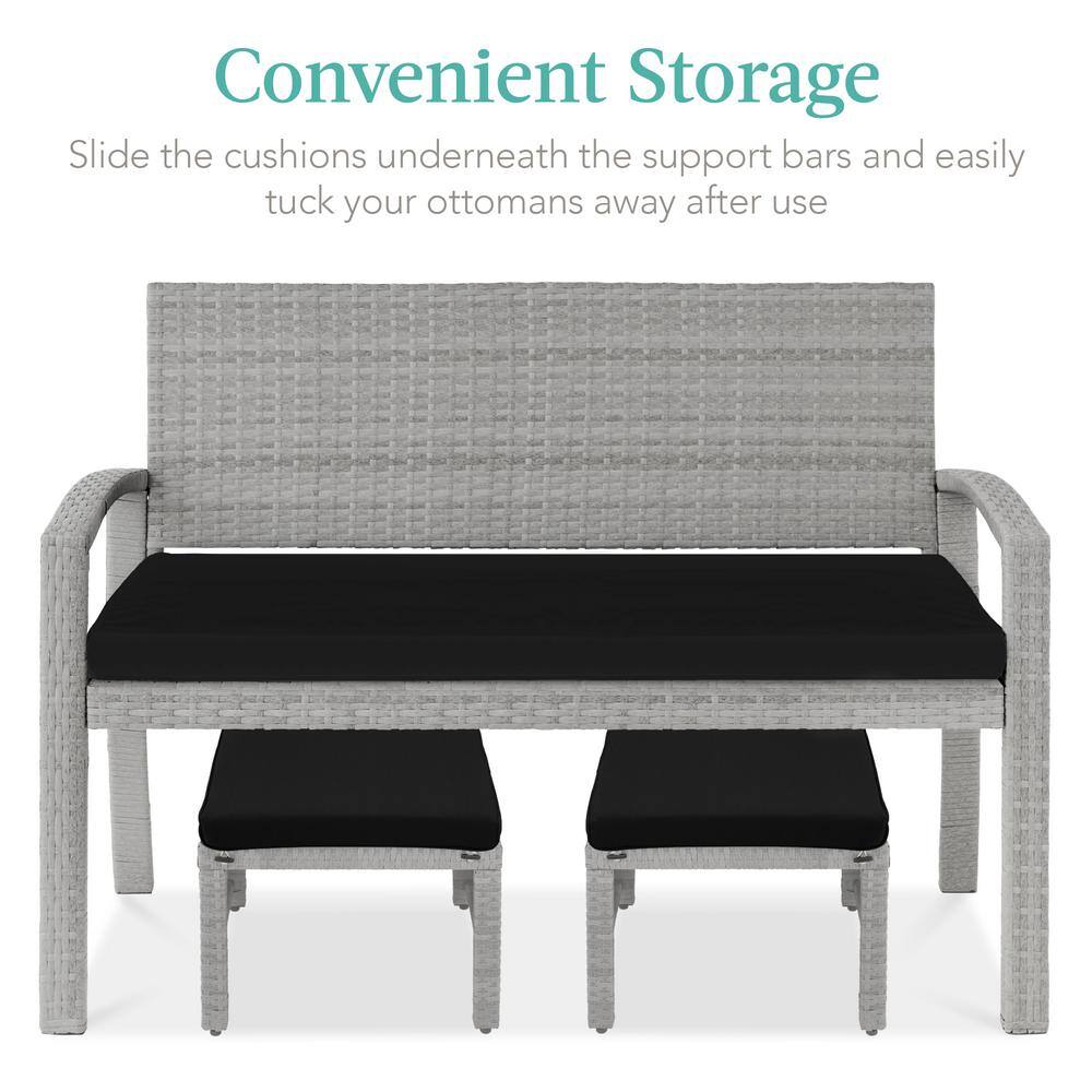 Gray and Black Wicker Outdoor Ottoman Set with Removable Cushions