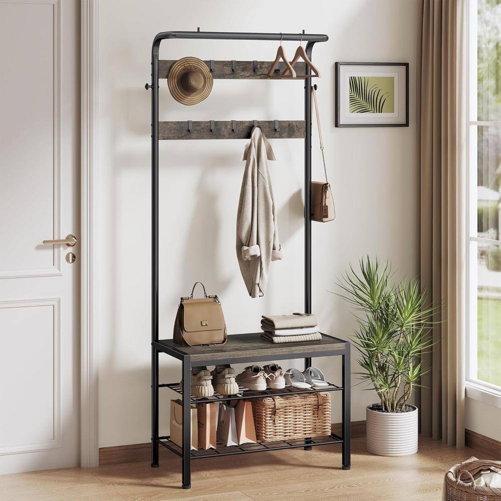Wonder Home Rack WONDER COMFORT Industrial Grey 4-in-1 Hall Tree with Coat Rack, Shoe ...