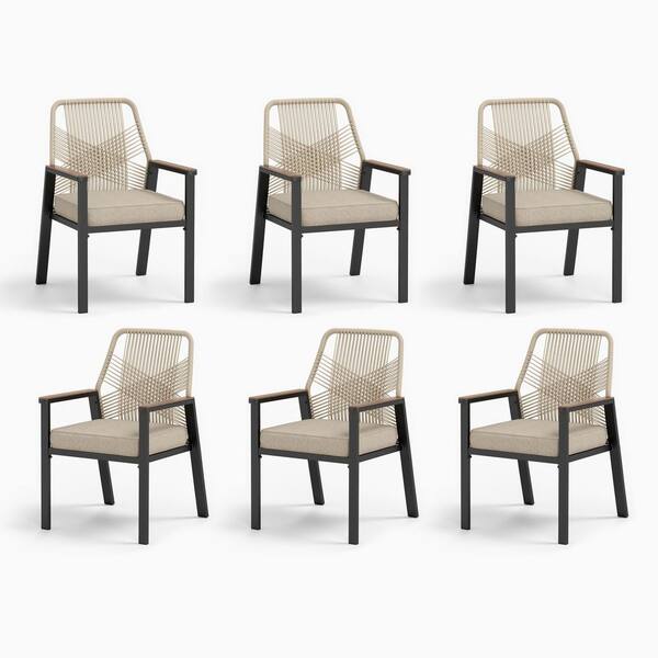 PHI VILLA Black Metal Woven Rope Outdoor Patio Dining Chair