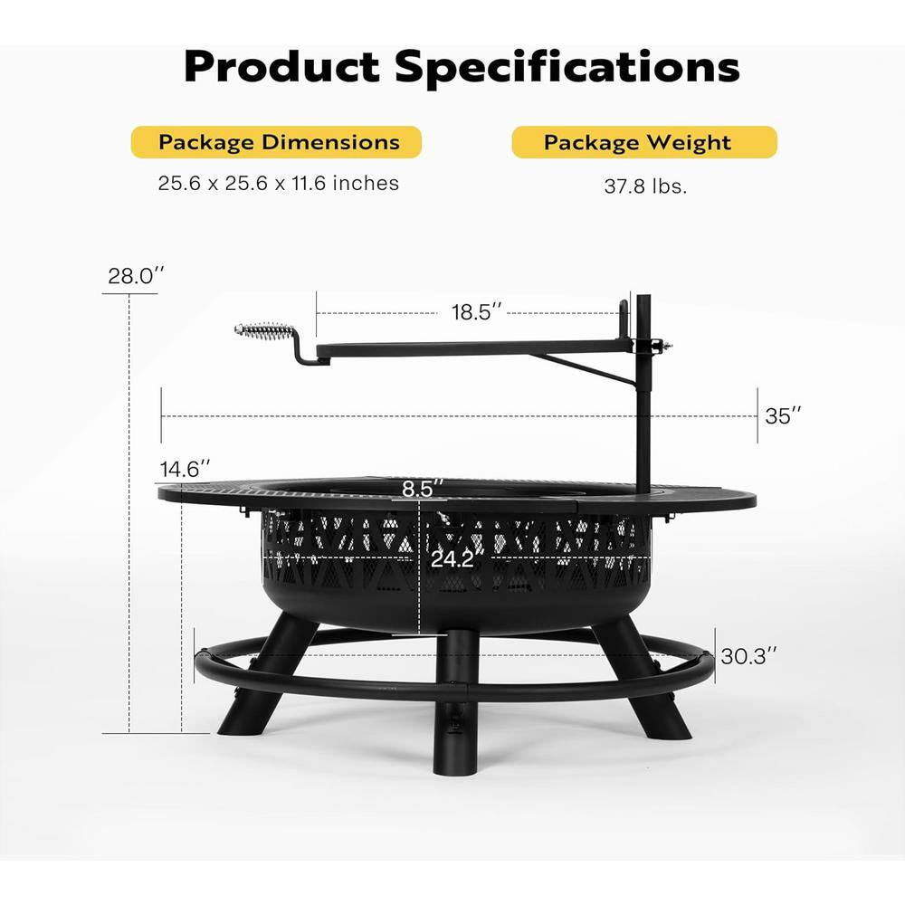 35-Inch Black Alloy Steel Fire Pit with Grill and Charcoal Pan