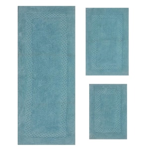 Classy 100% Cotton Bath Rugs Set, Machine Wash, 3-Pcs Set with Runner, Aqua