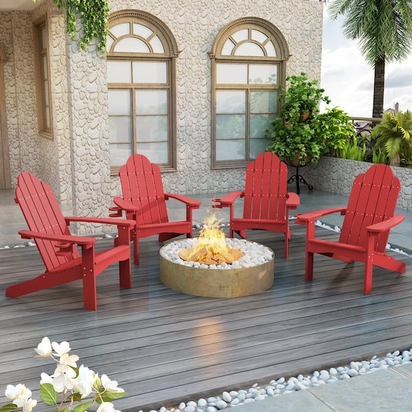 LUE BONA Hampton Curveback Red All-Weather Plastic Outdoor Patio Adirondack Chair with Cup Holder Fire Pit Chair Set of 4