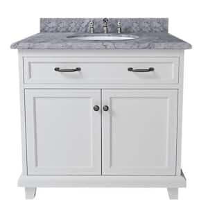 36 In. W x 22.4 In. D x 35 In. H Freestanding Bathroom Vanity in White with Solid Wood and Carrara Marble Top