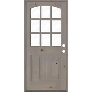 36 in. x 80 in. Knotty Alder V-Panel Left-Hand/Inswing 1/2 Lite Arch Top Clear Glass Grey Stain Wood Prehung Front Door