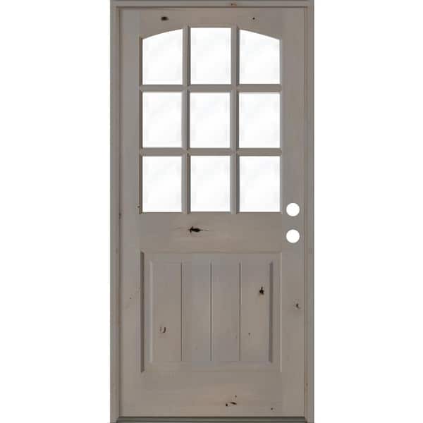 Krosswood Doors 36 in. x 80 in. Knotty Alder V-Panel Left-Hand/Inswing 1/2 Lite Arch Top Clear Glass Grey Stain Wood Prehung Front Door