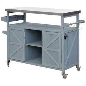 Fir Wood Outdoor Serving Bar Cart with Stainless Steel Top, Spice Rack and Towel Rack for Kitchen and BBQ, Grey Blue