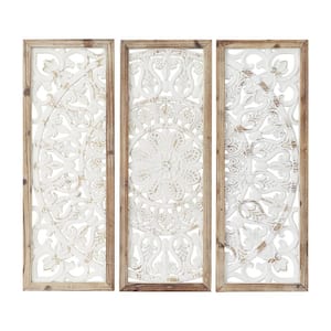 Wood White Intricately Carved Floral Wall Decor with Mandala Design (Set of 3)