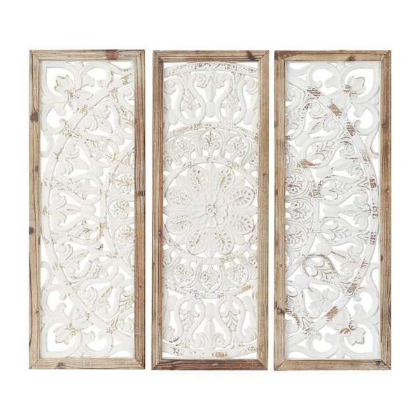 LITTON LANE Wood White Intricately Carved Floral Wall Decor with Mandala Design (Set of 3)
