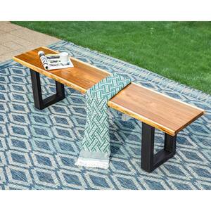 Brown Solid Acacia Wood Patio Dining Bench with Metal Legs