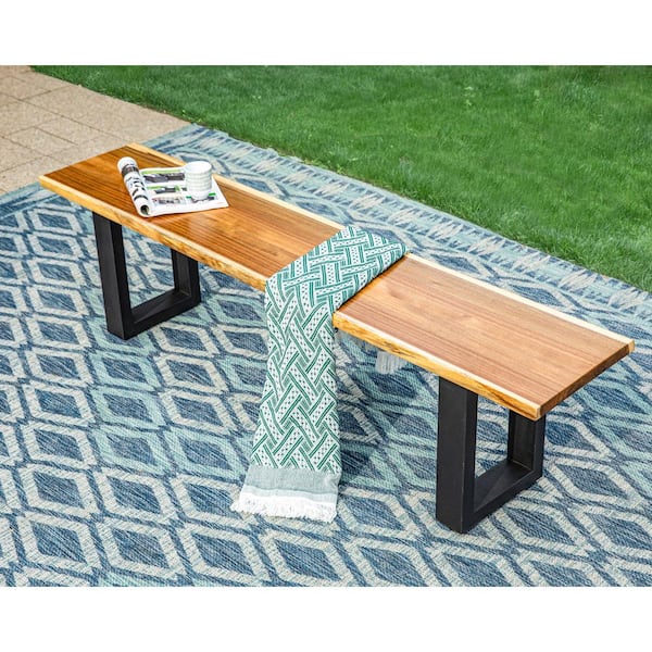 PHI VILLA Brown Solid Acacia Wood Patio Dining Bench with Metal Legs