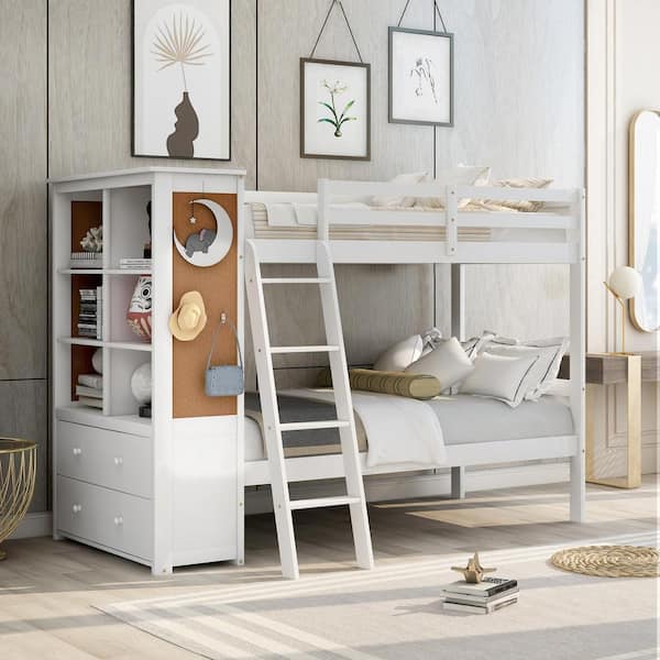Wood Bunk Bed With Bookcase And Drawers, Wooden Bunk Beds With Bookcase Headboard
