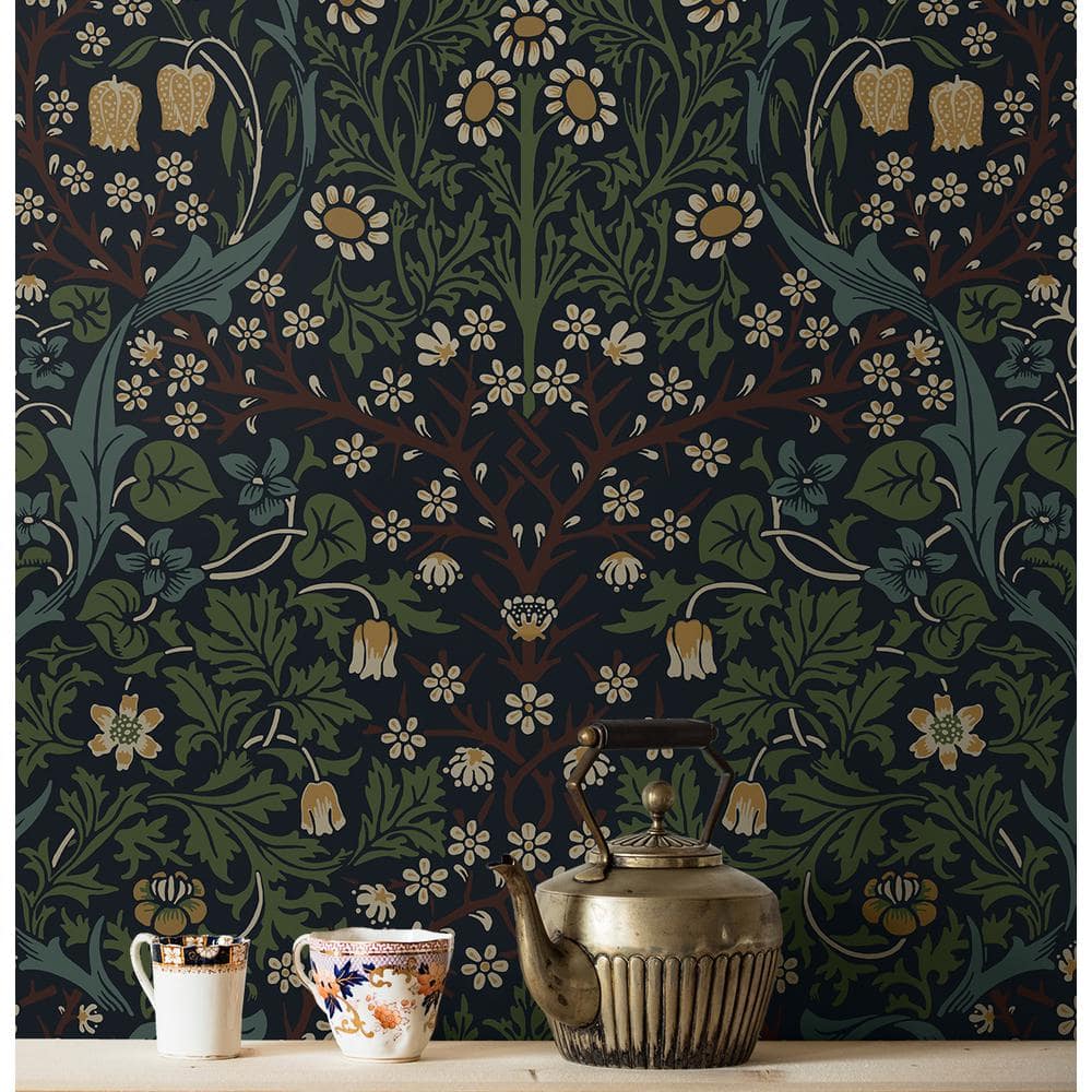 Midnight Blue & Evergreen Victorian Garden Floral Wallpaper