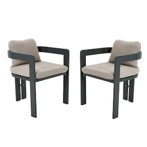 Linear Outdoor Patio Dining Chairs with Cushion, Aluminum Frame, Black Plus Beige, Set of 2