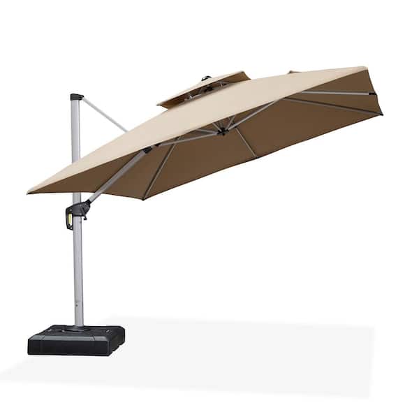 PURPLE LEAF 10 ft. Sunbrella Aluminum Square 360° Rotation Silvery Cantilever Outdoor Patio Umbrella With Base Plate, Beige