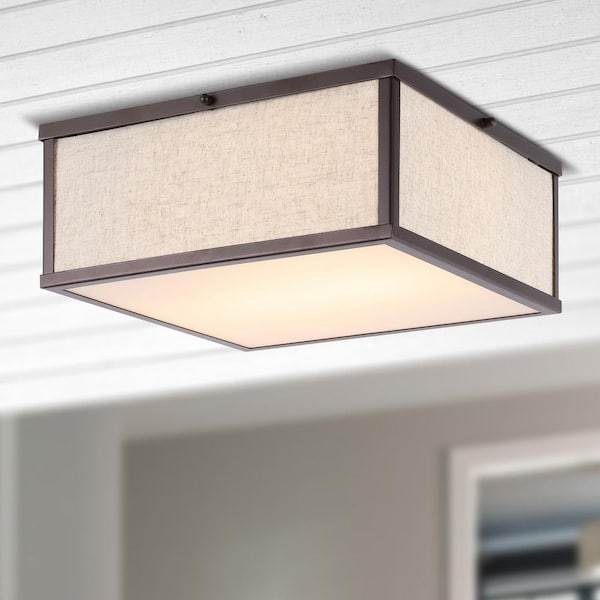 JONATHAN Y Grant 14.13 in. 2-Light Oil Rubbed Bronze/Beige Minimalist Industrial Square Linen Iron LED Flush Mount