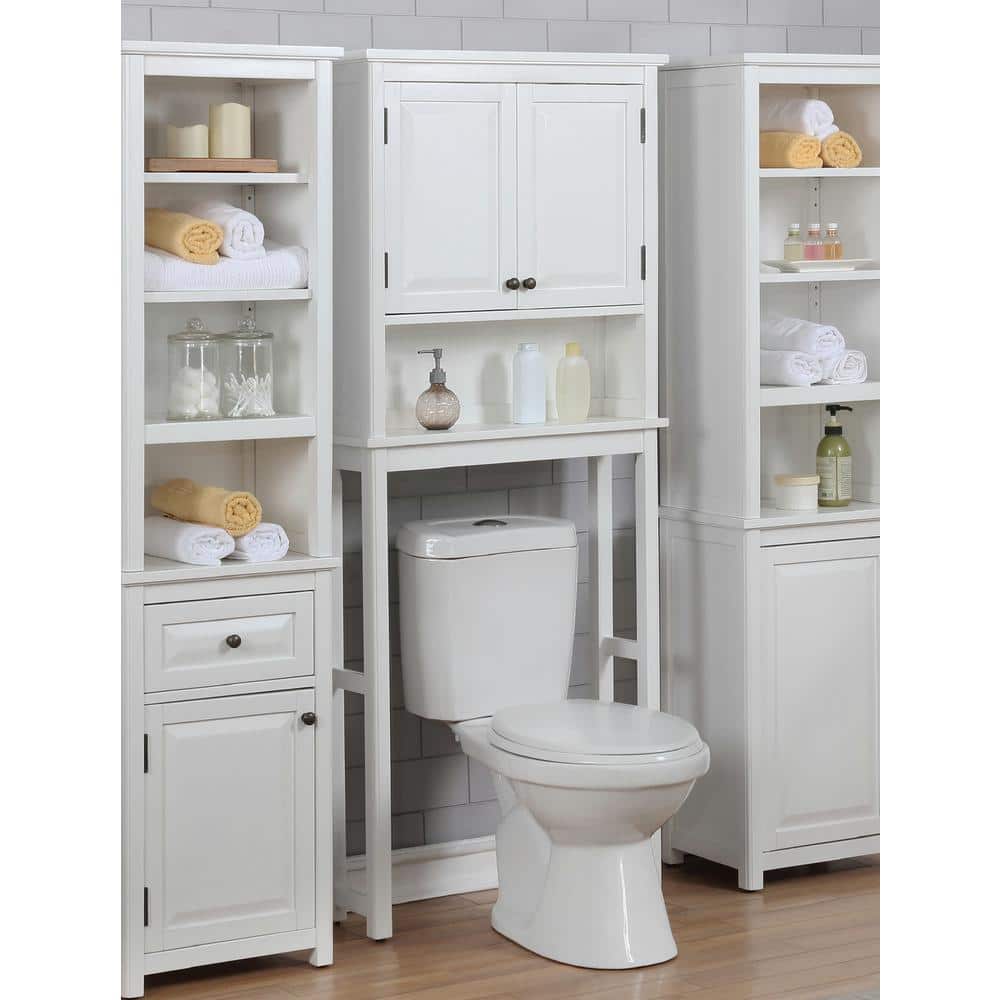 White Wood Adjustable Over-the-Toilet Storage Cabinet with Doors