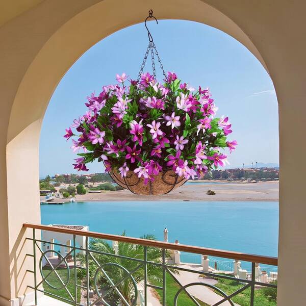 19 .7 in. H Purple Artificial Hanging Flowers in Basket, Outdoor