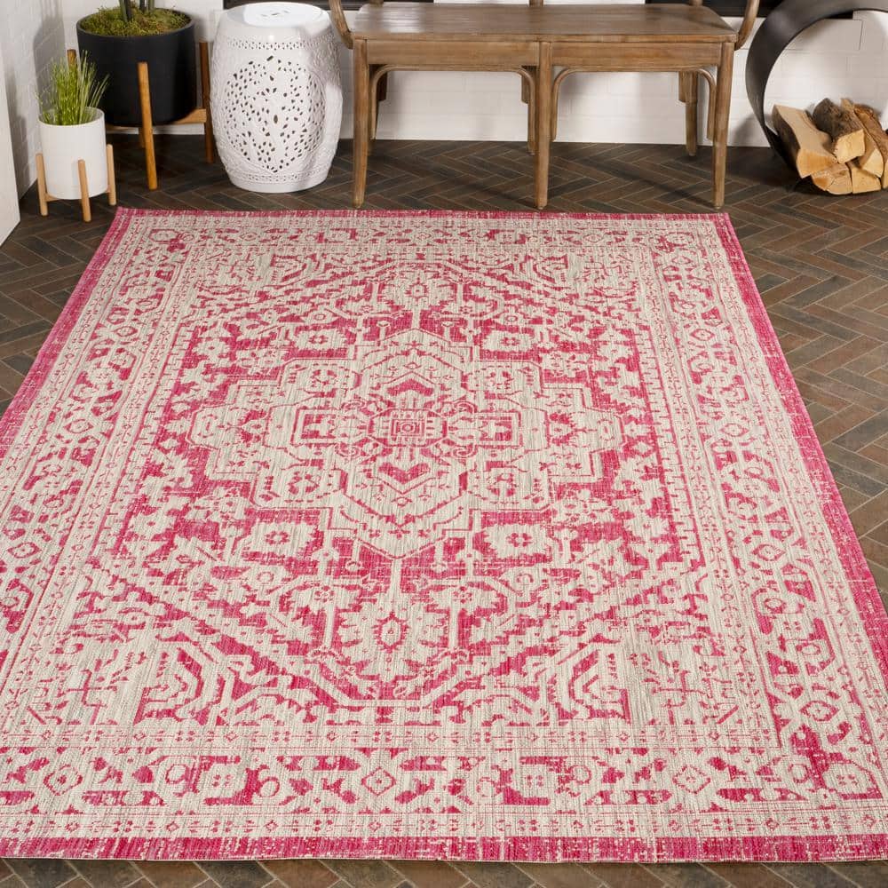 Fuchsia and Light Gray Medallion Synthetic 8' x 10' Area Rug