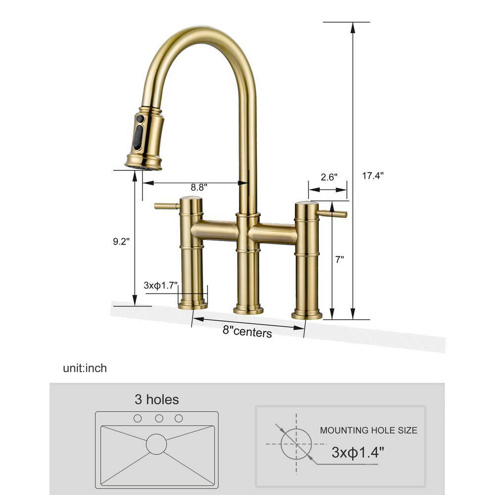 Gold Double Handle Bridge Kitchen Faucet with Pull Down Sprayer