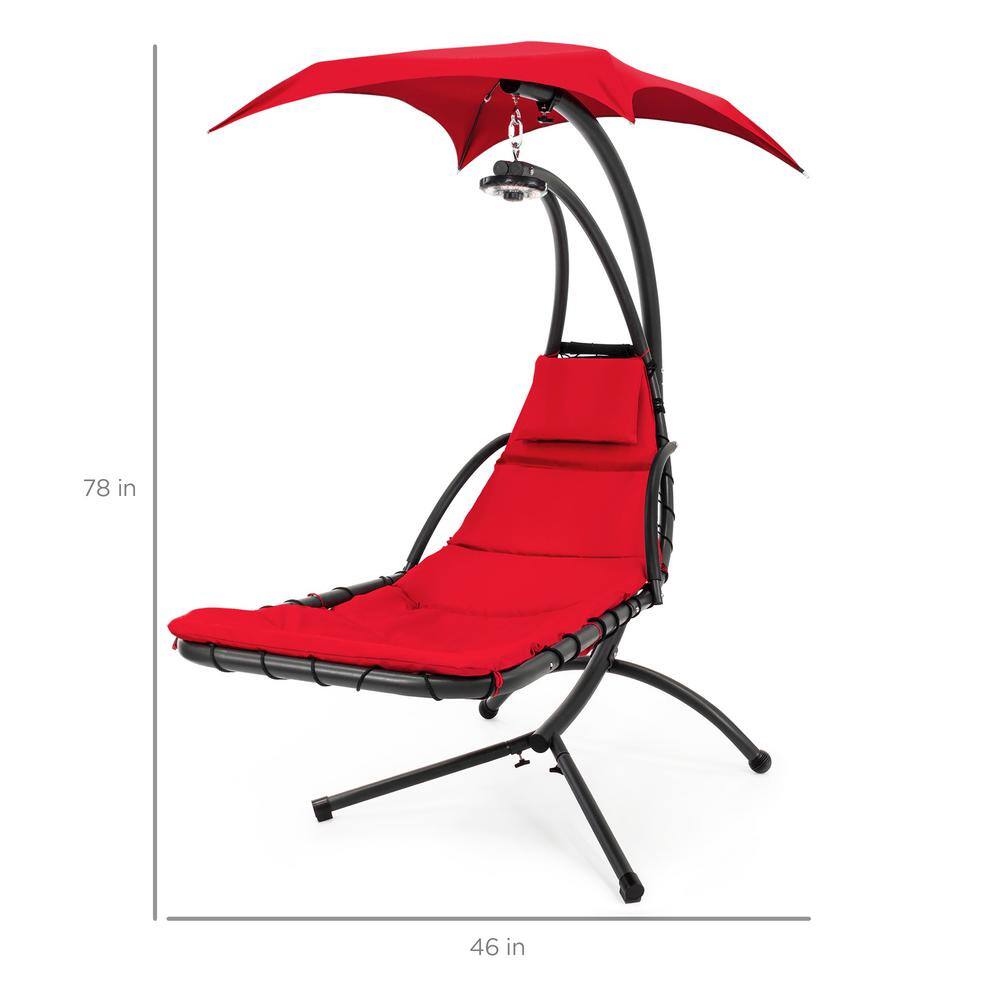 Curved Red Hanging Chaise Lounge Chair with LED Light and Canopy