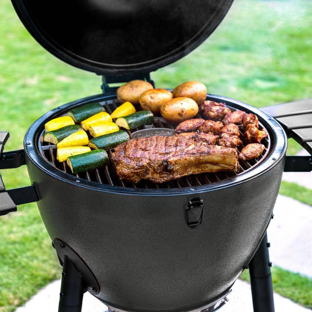 AKORN Graphite Kamado Charcoal Grill and Smoker with Side Shelves