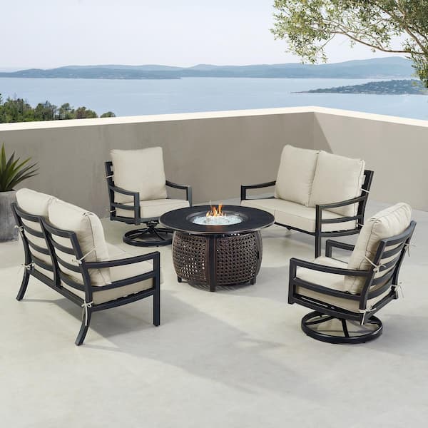 Oakland Living Black 7-Piece Aluminum Patio Fire Pit with 2-Deep Seating Loveseat and 2-Club Chairs Light Grey Cushions