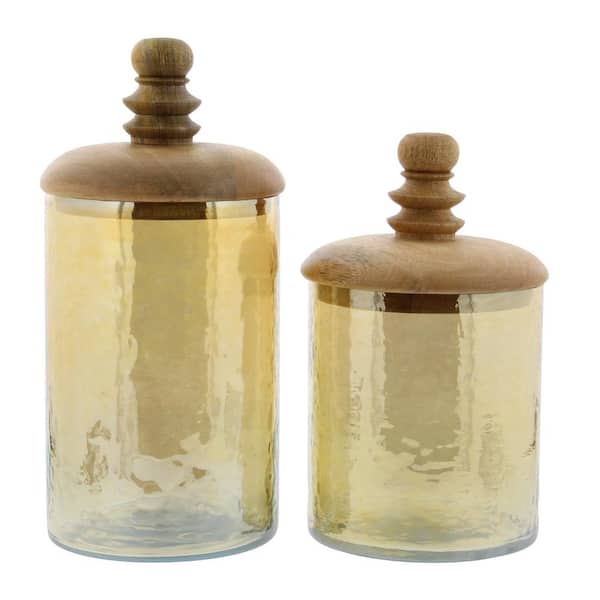 Litton Lane Gold Glass Decorative Jars with Wood Lids (Set of 2)