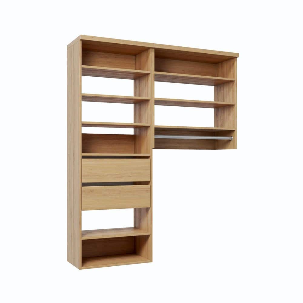 57 in. W Natural Oak Reach-in Wall-Mount 1-Rod 2-Reveal-Drawers 9-Shelf Wood Closet System