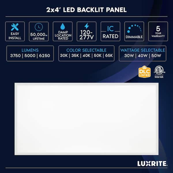 2 x 4 ft. Integrated LED Flat Panel Light 5CCT 3000K - 6500K, 30 /40 /50W, 6250 Lumens, 0-10-Votls Dimmable ETL 4-Pack