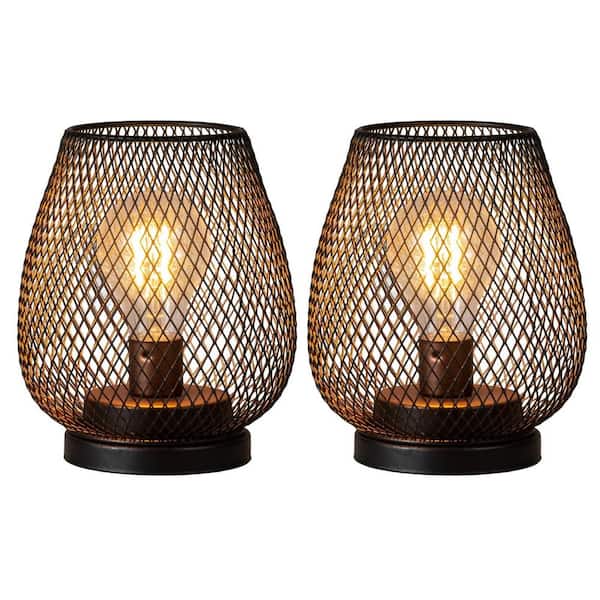 Angel Sar Oval Metal Cage Cordless Lamps with LED Bulb for Outdoor Decor (2-Pack)