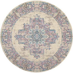 Grafix Ivory/Pink 8 ft. x 8 ft. Persian Medallion Transitional Round Rug
