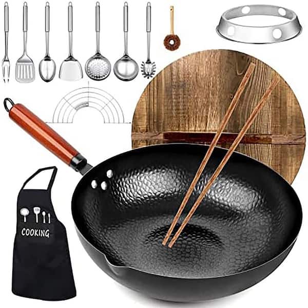 12.6 Inch Carbon Steel Flat Bottom Wok Honeycomb Design Wooden Lid Nonstick for Gas Induction All Stoves 14 Piece Set