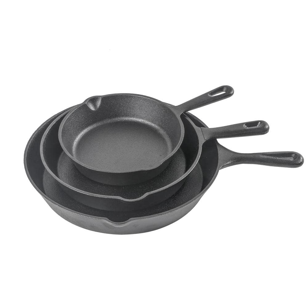 Pre-Seasoned Black Cast Iron 3-Piece Skillet Set