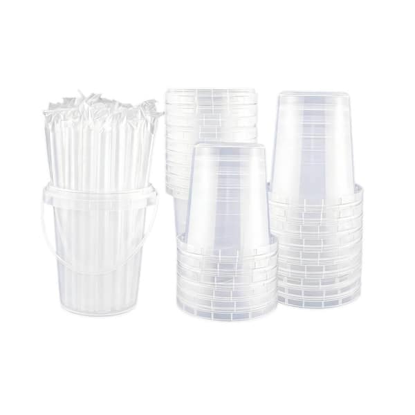 34 oz. Disposable Plastic Cups with Lids and Straws for Outdoor, Beverage Packaging, Party and Picnic Supplies (15-Pack)