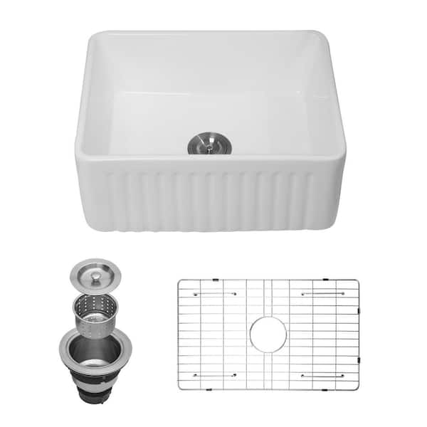 24 in. Farmhouse/Apron Front Single Bowl Fireclay Ceramic Kitchen Sink in White with Bottom Grid and Basket Strainer