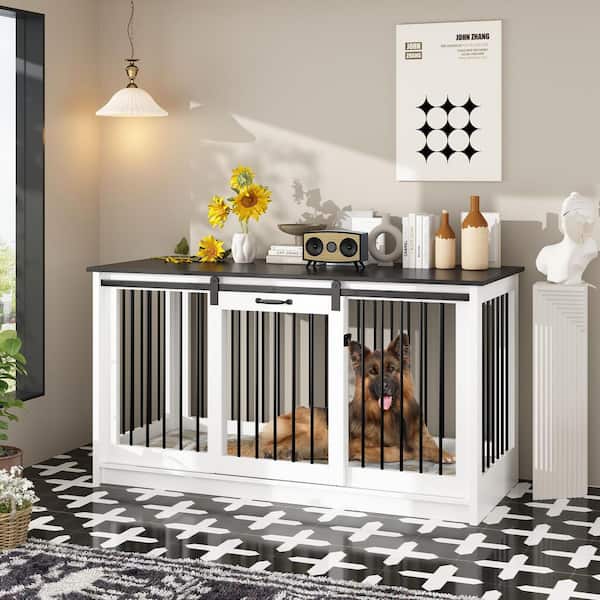 Wooden Large Dog Crate, Heavy Duty Dog Kennel with Sliding Door for Large Medium Small Dog, White