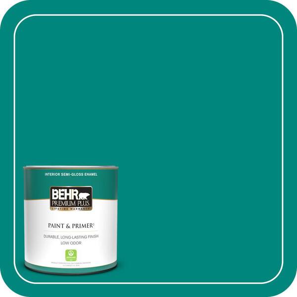 BEHR PREMIUM PLUS 1 qt. #P450-7 Mystic Turquoise Semi-Gloss Enamel Low Odor Interior Paint & Primer