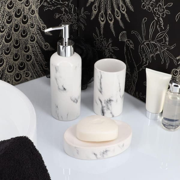 White Marble Inlay Luxury Bathroom Accessories Set OF 4 Pcs. Bathroom Décor  gems