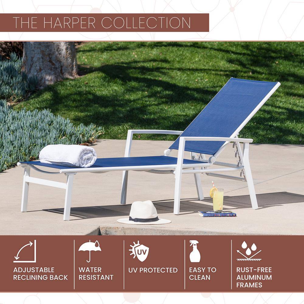Harper White/Navy Aluminum Frame Outdoor Sling Chaise Lounger