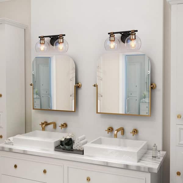 14 in. 2-Light Modern Black Bathroom Vanity Light, Rustic Vintage Brass Vanity Light, Globe Seeded Glass Wall Sconce