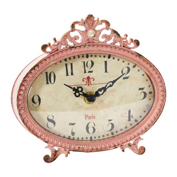 Storied Home Distressed Pewter Mantel Clock, Pink
