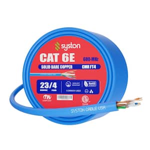 100 ft. Blue CMR Cat 6e 600 MHz 23 AWG Solid Bare Copper Ethernet Network Cable-Bulk No Ends Heat UV Resistance