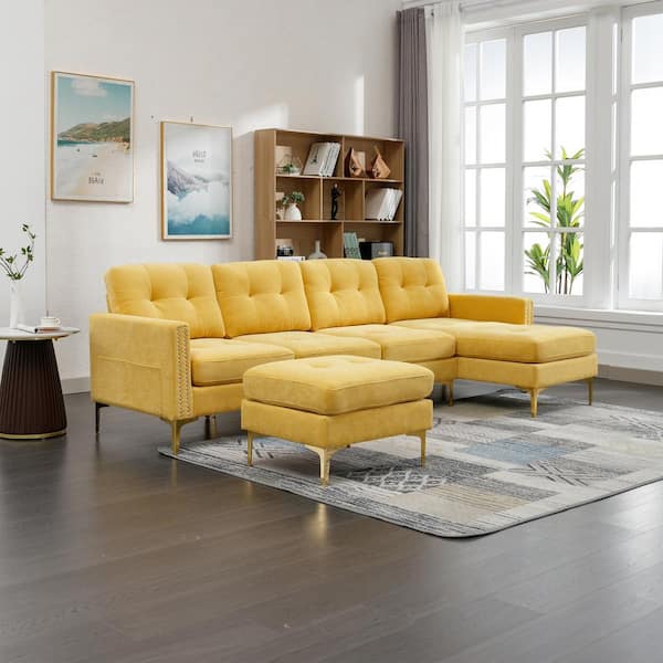 110 in. Square Arm Velvet Rectangle Convertible Sectional Sofa Couch in Yellow with Movable Ottoman